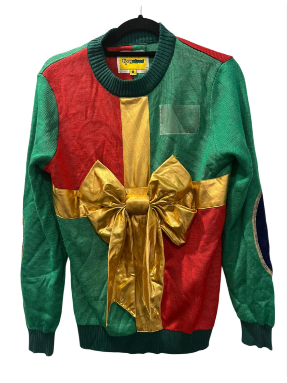 Tipsy Elves Christmas Present Ugly Christmas Sweater Gold Bow Small Unisex Red